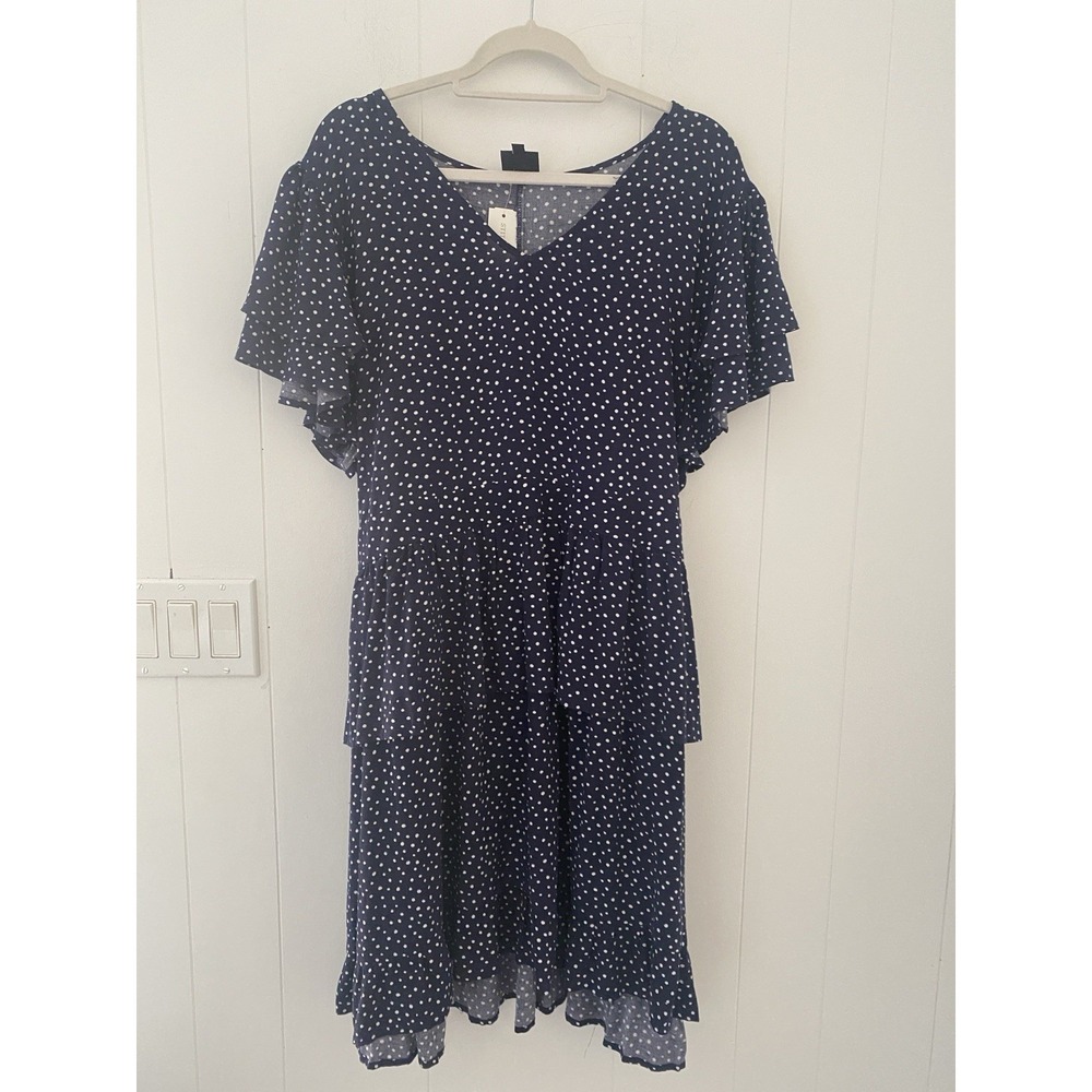 Bobeau Women's Sz 2X Navy & White Polka Dot Ruffled Tier Mini Dress